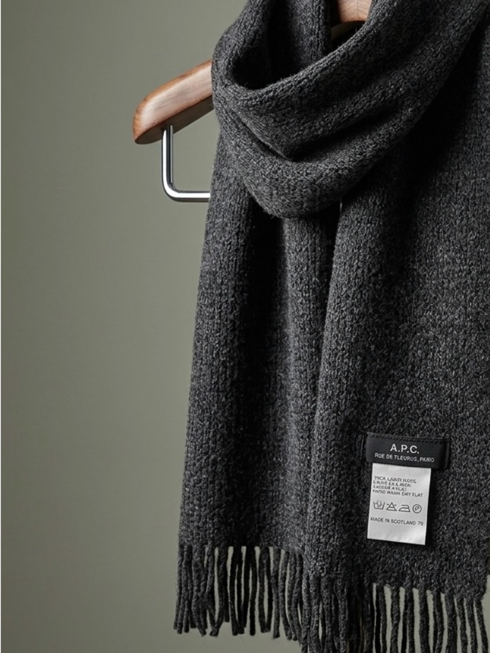 A.P.C. Men’s Dark Charcoal Wool Fringed Scarf